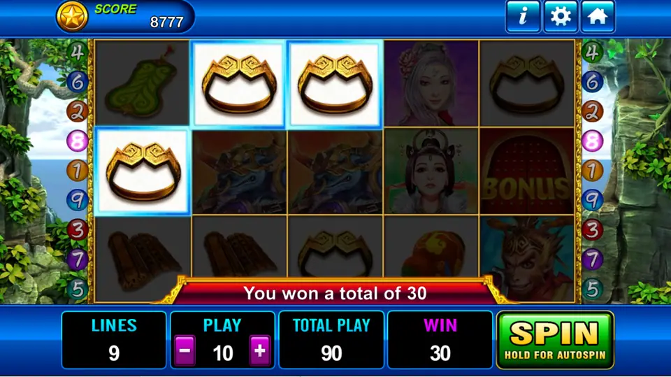 Three golden headbands paying 30 on line 8, with a Bonus tile on reel five