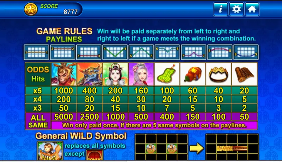 Game Rules page with the nine paylines, the Odds table and the General Wild symbol