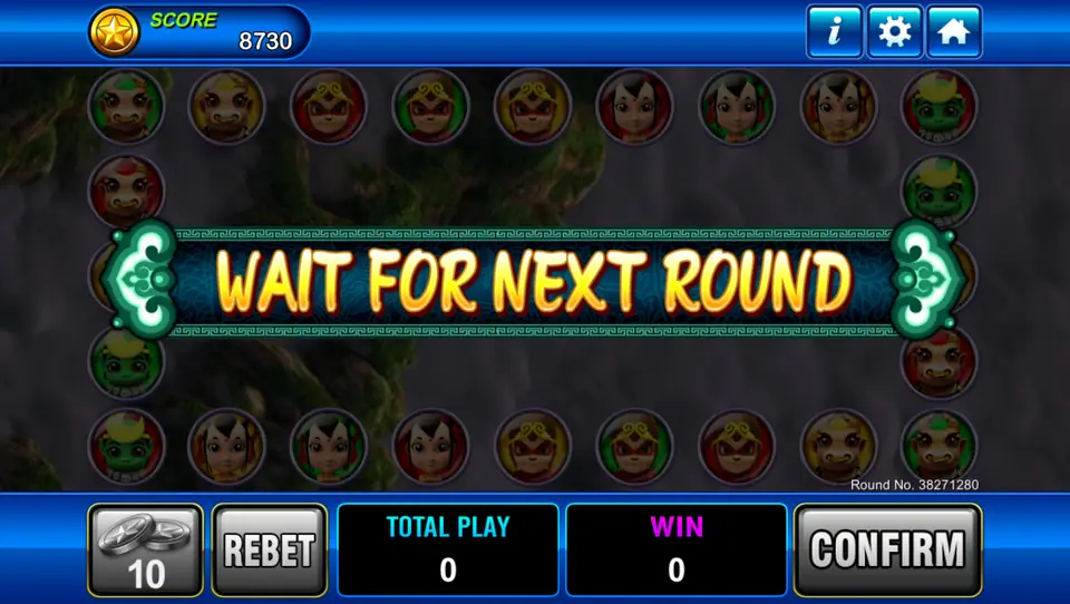 Monkey Story in Play8oy showing the 'Wait For Next Round' banner inside a ring of character heads, with a 10 chip, Rebet and Confirm buttons