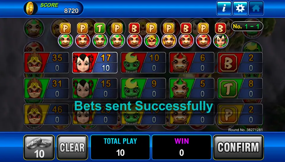 Monkey Story betting board with odds for each character and colour, B, T and P side bets, and 10 placed on the child character at 17