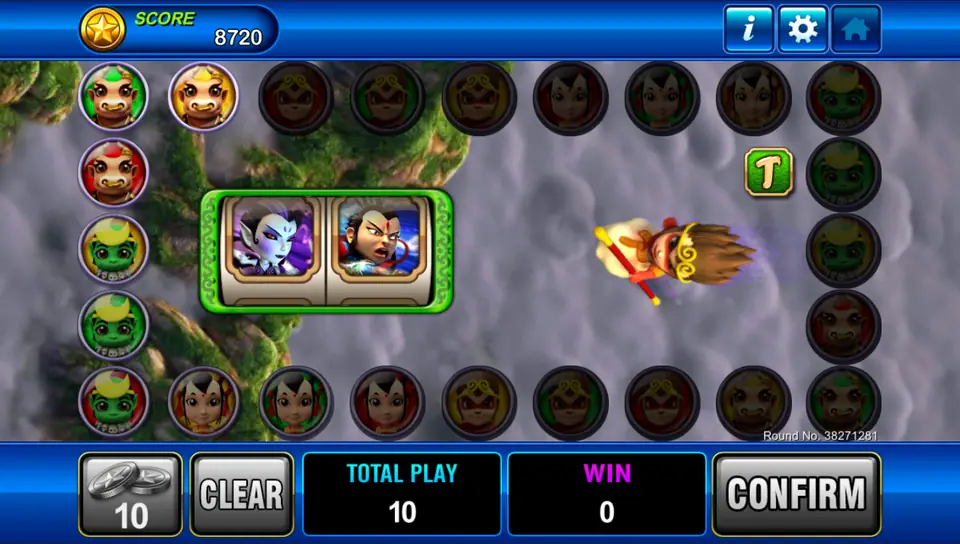 Sun Wukong flying across the ring on his cloud with a character duel card on the left and a T marker