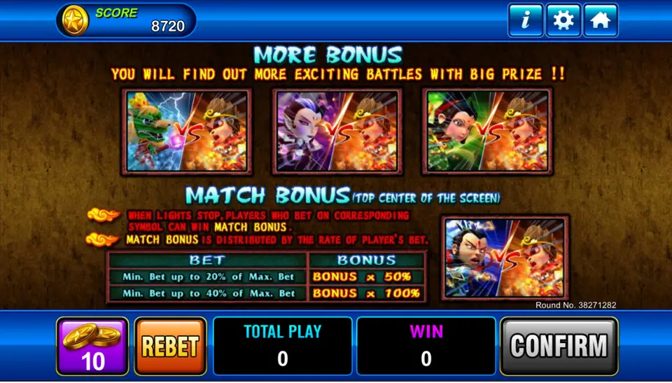 More Bonus and Match Bonus rules showing character battles and the bonus table by bet size