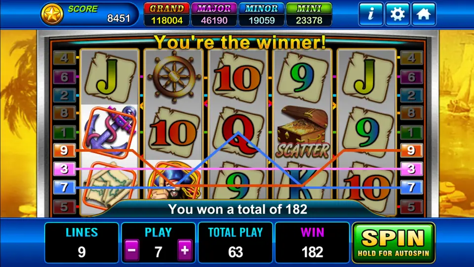 Three lines paying a total of 182 at Play 7, with the 'You're the winner' banner and a pirate captain on reel two