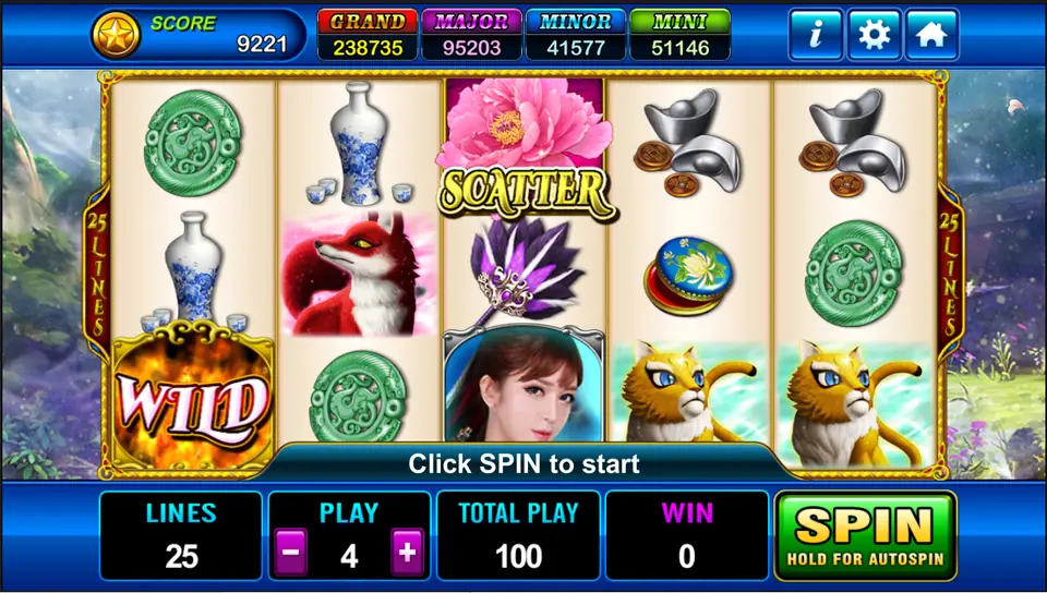 Queen slot reels in Play8oy with a jade disc, blue-and-white vase, red fox, the pink peony Scatter, a purple feather fan, silver ingots, a golden cat and the flaming Wild, 25 lines at Play 4