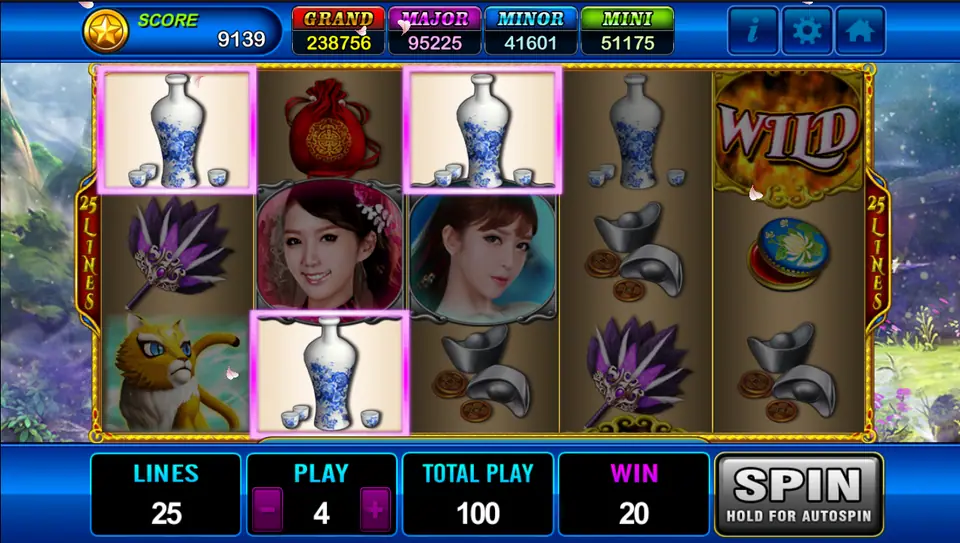 Three blue-and-white vases paying 20 on a line across the first three reels, with the Wild on reel five