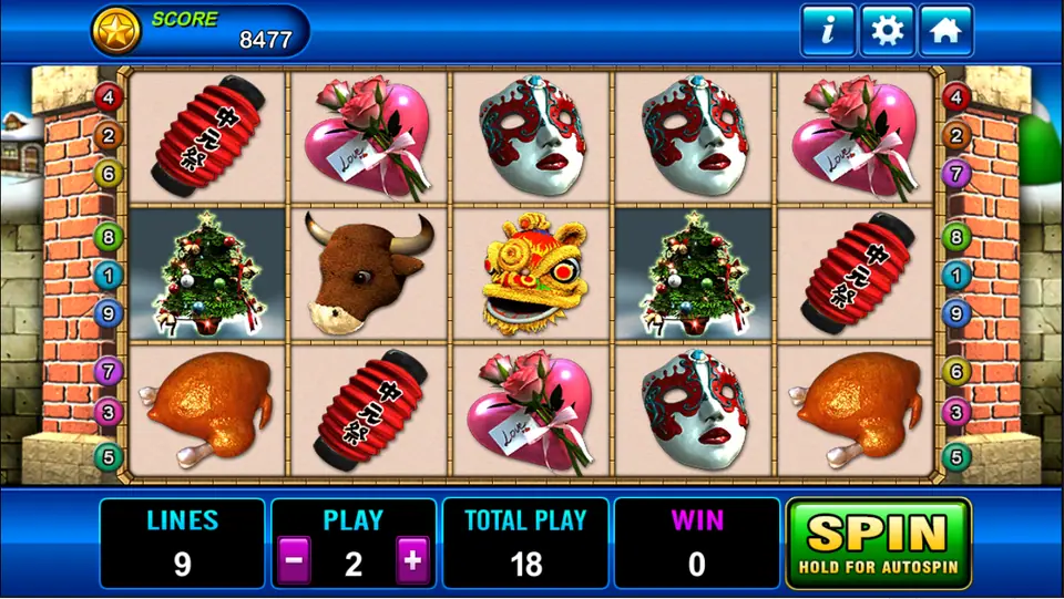Seasons Greetings reels in Play8oy with red paper lanterns, a heart with roses, carnival masks, Christmas trees, an ox head, a lion dance head and roast turkeys, 9 lines at Play 2