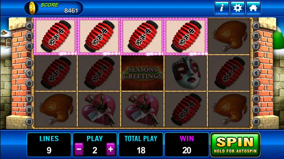 Four red lanterns across the top row paying 20, with a Seasons Greetings tile in the middle of the reels