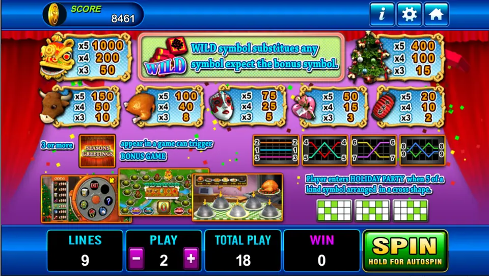 Seasons Greetings paytable with symbol pays, the Wild rule, the bonus game trigger and the Holiday Party cross patterns