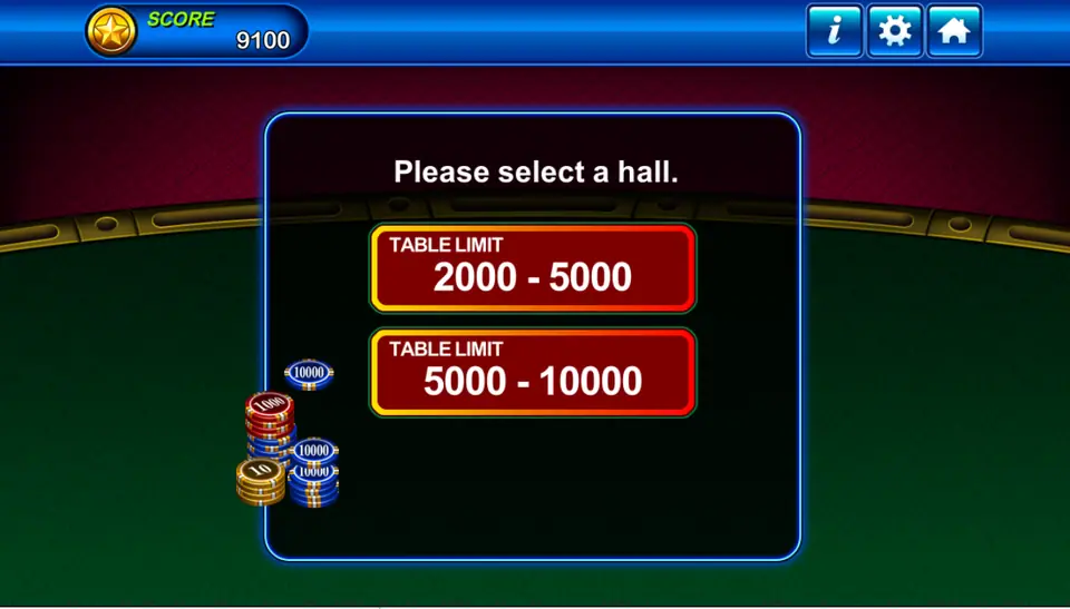 Show Hands hall selection screen in Play8oy with two table-limit buttons, 2000-5000 and 5000-10000, and stacks of chips on a green felt table