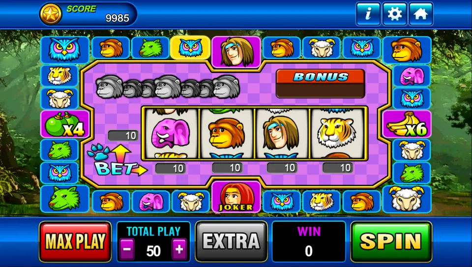 Tarzan Plus machine in Play8oy with four inner reels showing an elephant, lion, Tarzan and tiger, a ring of animal icons around them, apple x4 and banana x6 tiles, and Total Play 50