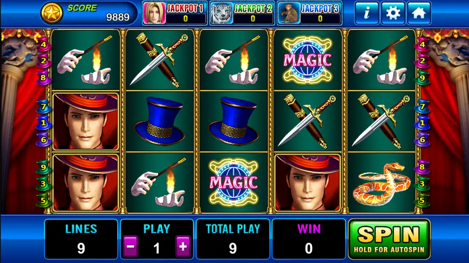 The Magician Plus reels in Play8oy with the magician in a red hat, MAGIC logos, daggers, blue top hats, gloved hands holding a wand and a snake, 9 lines at Play 1
