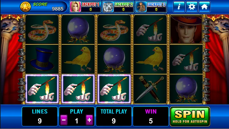 Three gloved hands with wands paying 5 on the bottom row at Play 1