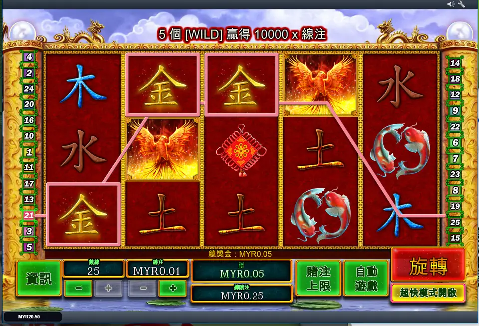 Three gold characters winning on line 21 for MYR0.05, with a banner saying five Wilds win 10000 times the line bet