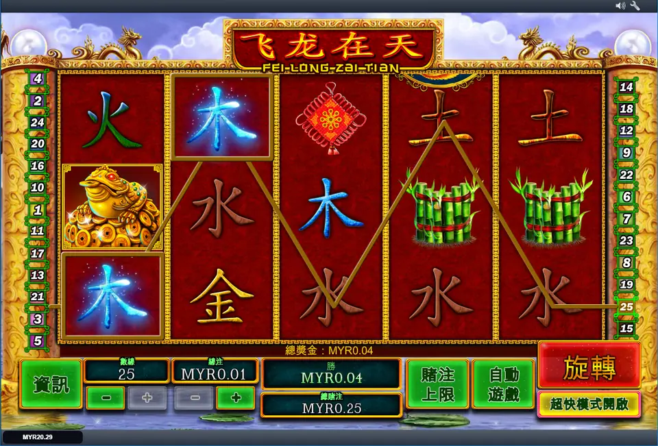 Blue wood characters glowing on a winning line worth MYR0.04 in Fei Long Zai Tian