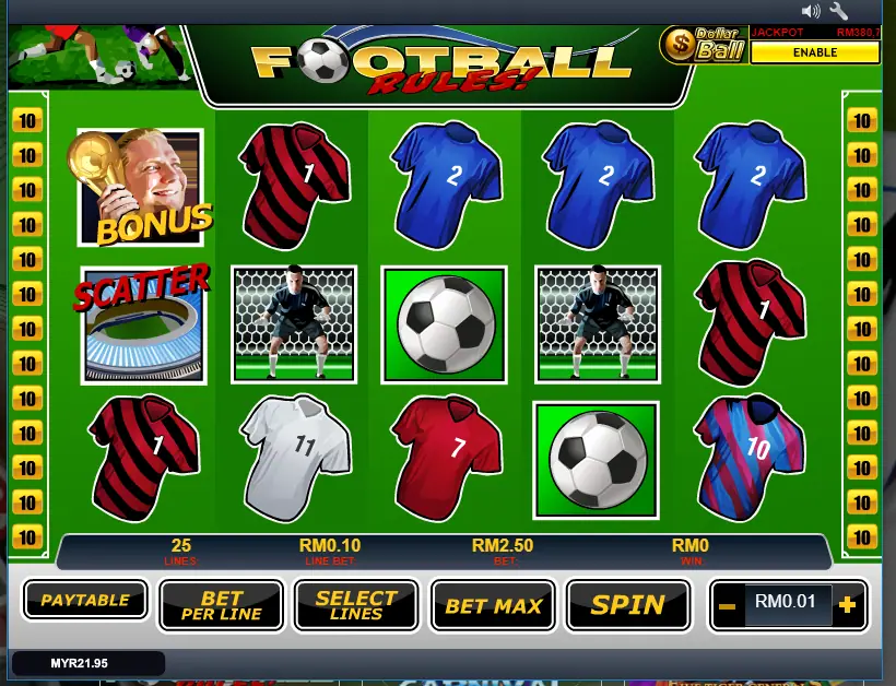 Football Rules! slot on Rollex11 with football shirts, a goalkeeper, footballs, a Bonus fan with a trophy and a stadium Scatter on five reels