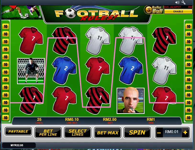 Football Rules! line win drawn across the reels for RM1 on Rollex11