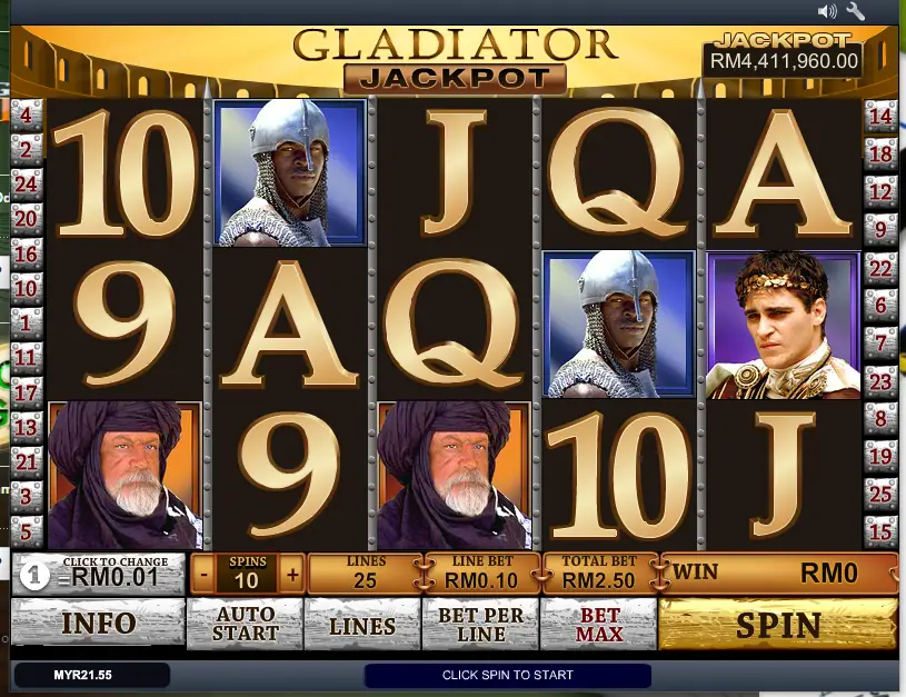 Gladiator Jackpot slot on Rollex11 with gold card symbols, a helmeted fighter, a man in a turban and an emperor in a laurel wreath, jackpot meter above