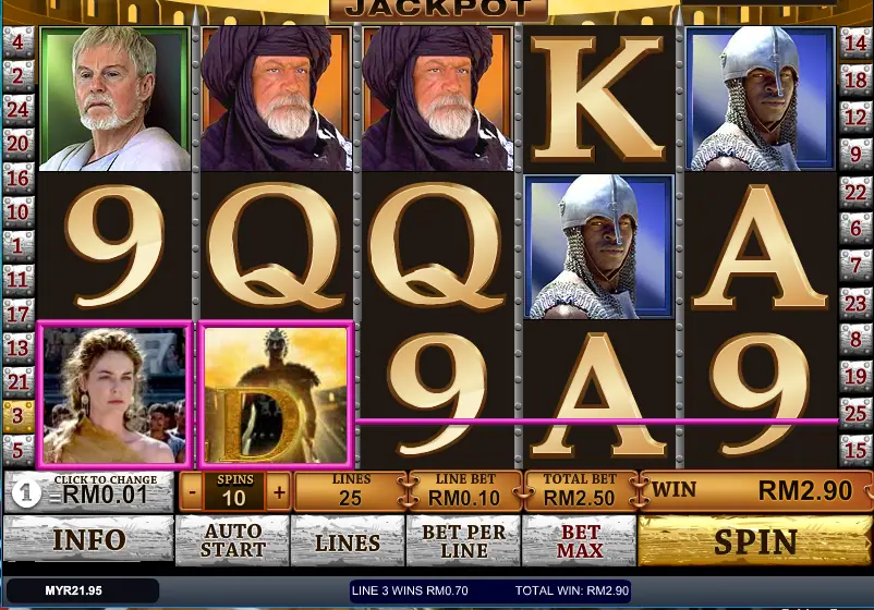 A winning line on line 3 in Gladiator Jackpot with the princess and a glowing wild on reels 1 and 2