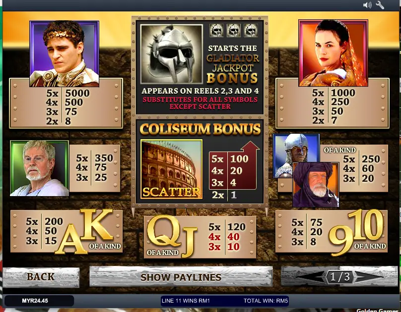 Gladiator Jackpot paytable on Rollex11 with the helmet wild, Coliseum Scatter and symbol payouts