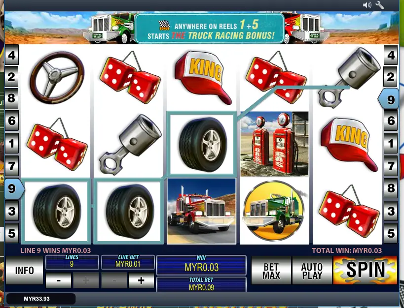 Highway Kings Pro on Rollex11 with tyres winning on line 9, fuzzy dice, a KING cap, a piston, fuel pumps and trucks, Truck Racing Bonus banner above
