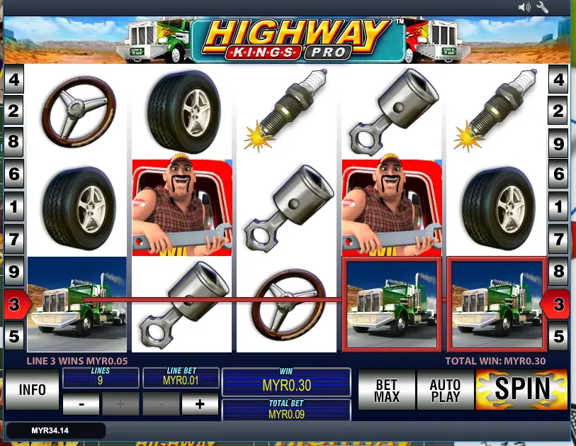 Highway Kings Pro spin with three green trucks on line 3 and a total win of MYR0.30