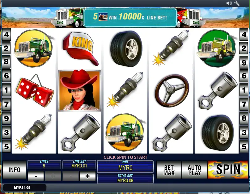 Highway Kings Pro reels with the cowgirl Scatter on reel 2 and the 10000x line bet banner above