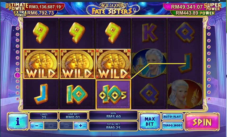 Age of the Gods: Fate Sisters on Rollex11 with three gold Wild symbols on the middle row, card symbols and a sister portrait, four jackpot meters above