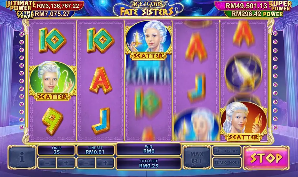 Three sister Scatter symbols landing on reels 1, 3 and 5 while the reels are still spinning