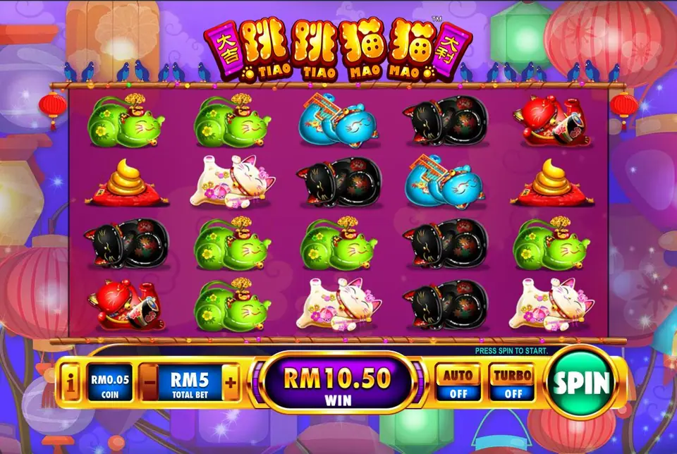 Tiao Tiao Mao Mao slot on Rollex11 with green, blue, black, red and white lucky cats and gold ingots on a 5x4 grid, win RM10.50