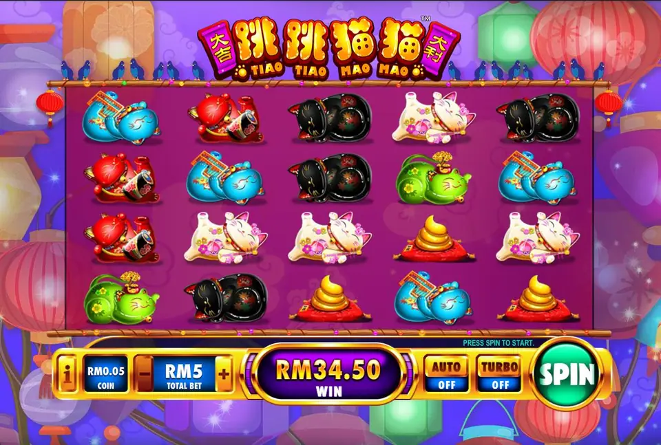 Tiao Tiao Mao Mao reels on Rollex11 with red and blue cats and gold ingots, total win RM34.50