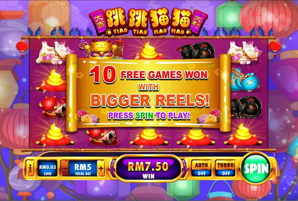 Scroll announcing 10 free games won with bigger reels in Tiao Tiao Mao Mao