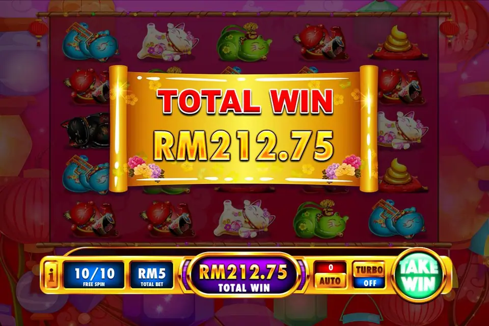 Total Win of RM212.75 after 10 of 10 free spins, with a Take Win button