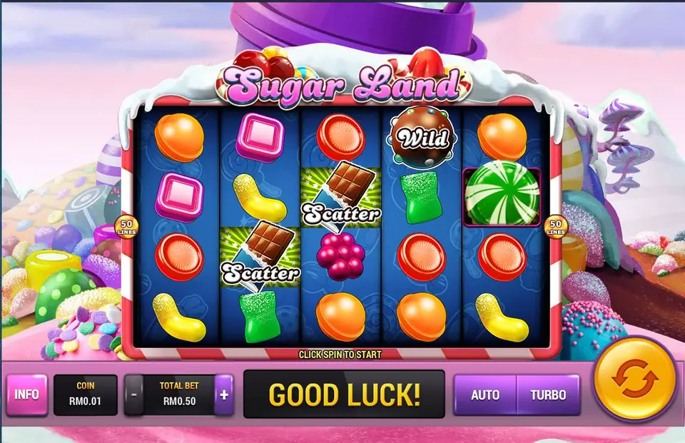 Sugar Land slot on Rollex11 with sweets on a 5x4 grid, two chocolate bar Scatters and a chocolate cupcake Wild, coin RM0.01 and total bet RM0.50