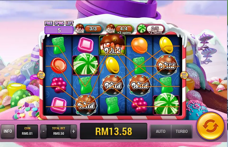 Sugar Land free spins with four cupcake wilds, meters at 3/3, 4/4 and 0/5, and RM13.58 won