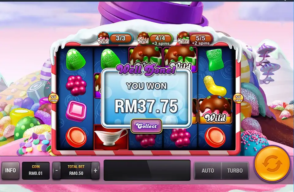 Well Done screen showing a total free spins win of RM37.75