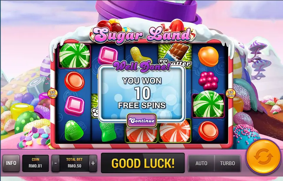 Well Done screen in Sugar Land announcing 10 free spins