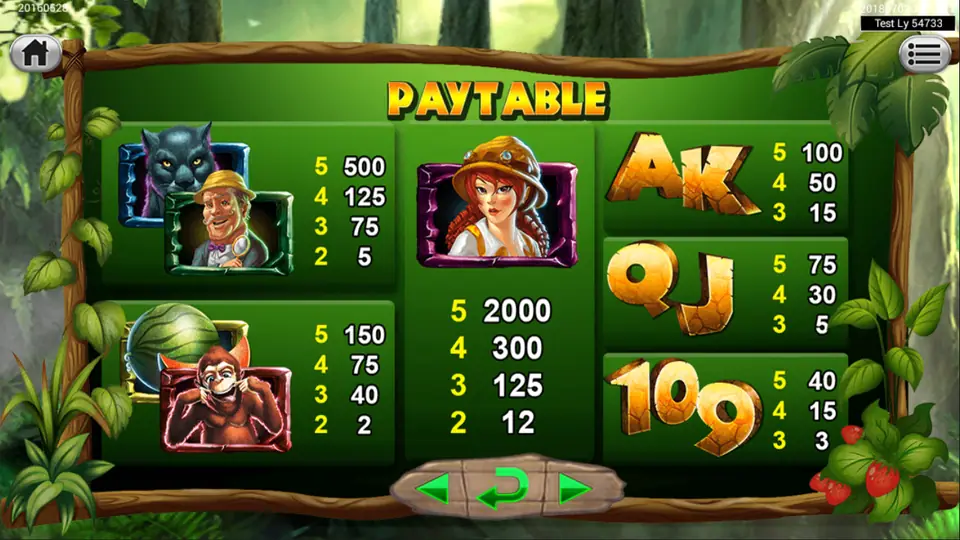 The Tarzan paytable on SKY777 listing Jane at 2000 for five and the paired symbol values