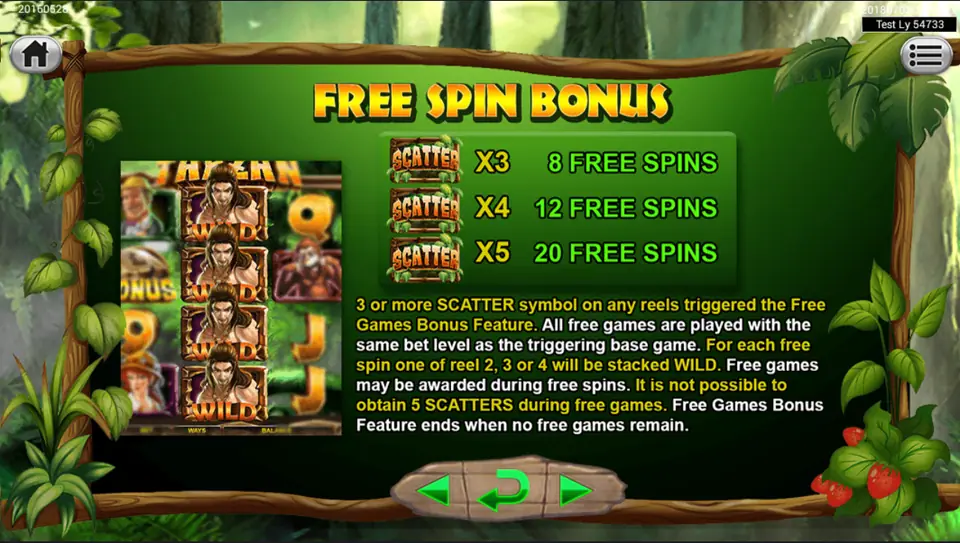 The Tarzan free spin bonus screen: 3, 4 or 5 Scatters give 8, 12 or 20 free spins with a stacked Wild reel