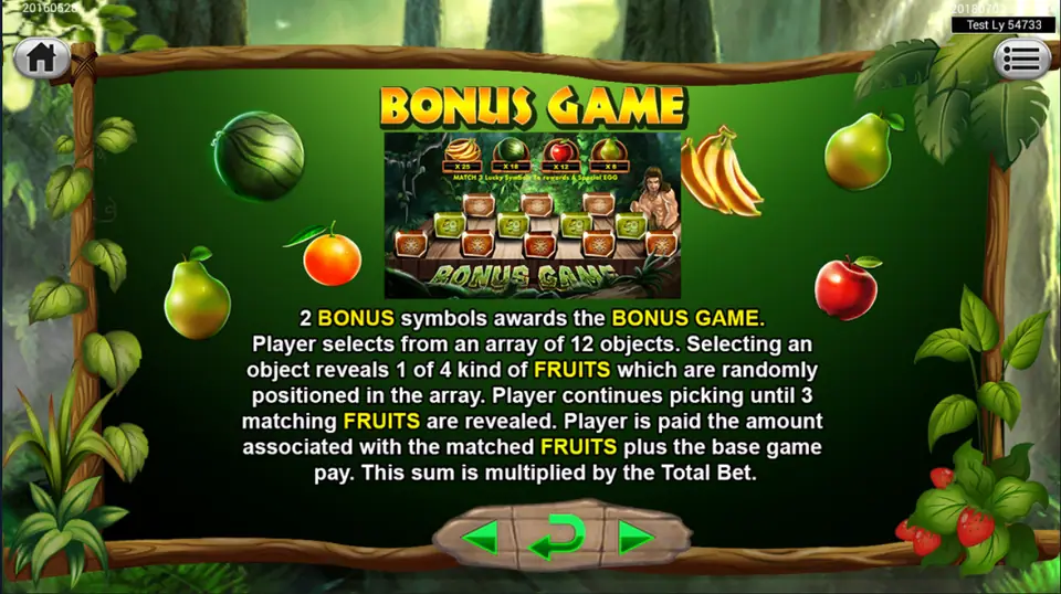 The Tarzan Bonus Game help screen showing the 12-object fruit pick