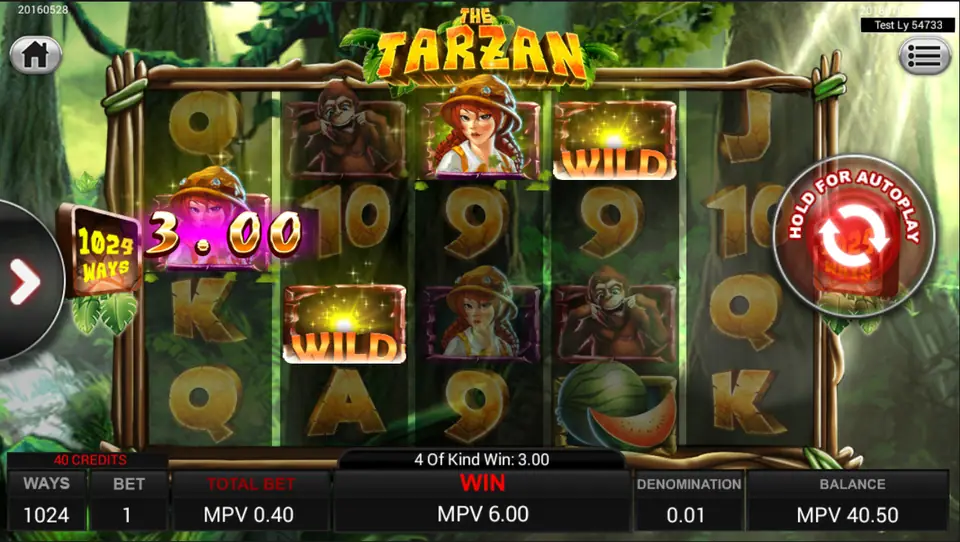 A 4 of a kind win of 3.00 on The Tarzan with two Wild symbols on reels 2 and 4