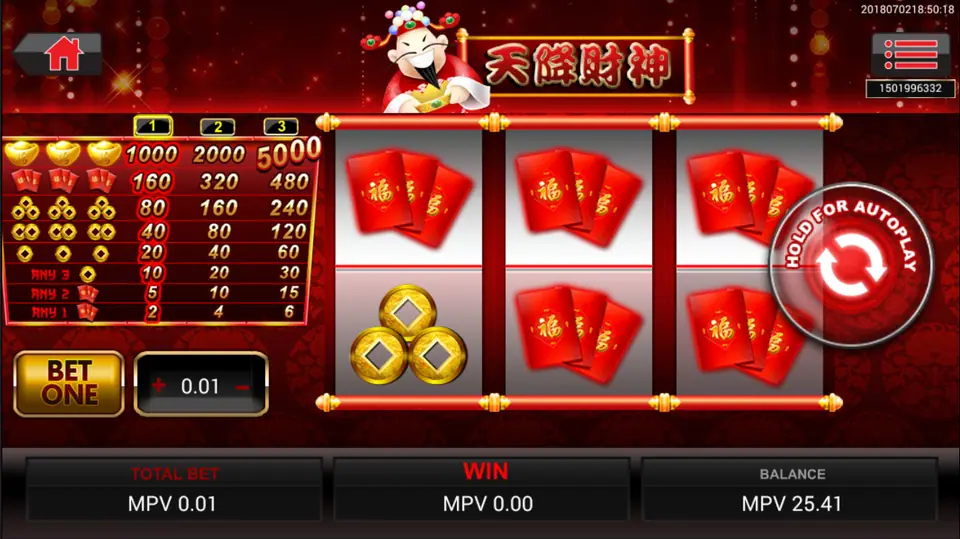 Tian Jiang Cai Shen on SKY777 with red packets on all three reels and the 1, 2 and 3 coin paytable on the left