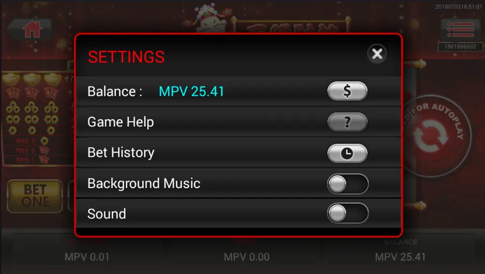 The Tian Jiang Cai Shen settings menu on SKY777 with Balance, Game Help and Bet History