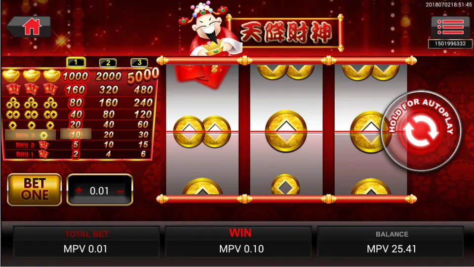 Tian Jiang Cai Shen with coin symbols on the payline and the Any 3 row lit, Win 0.10
