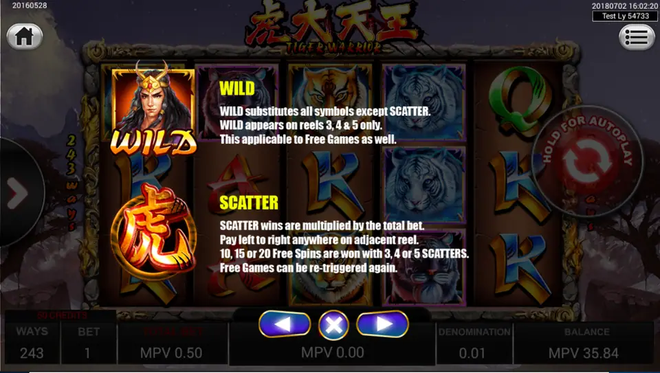 Tiger Warrior Wild and Scatter rules: Wild on reels 3, 4 and 5; 10, 15 or 20 free spins for 3, 4 or 5 Scatters