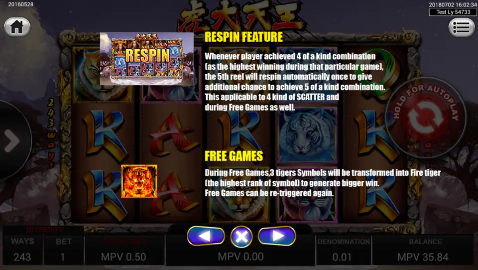 Tiger Warrior help screen describing the respin feature and the Fire Tiger free games