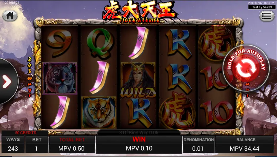 A Tiger Warrior spin with the Wild on reel 3 and two tiger Scatters, 3 of Kind Win 0.05