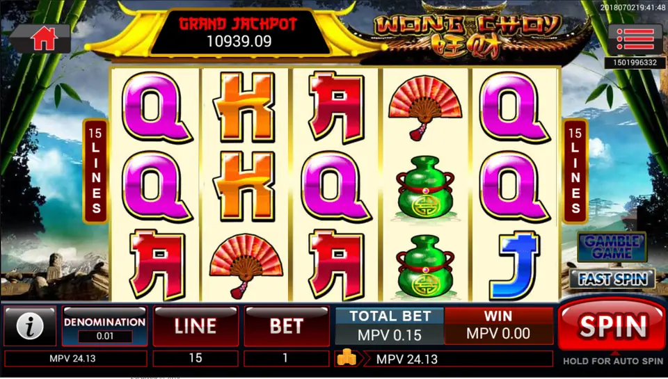 Wong Choy reels on SKY777 under a pagoda roof with the Grand Jackpot meter, 15 lines at a total bet of 0.15