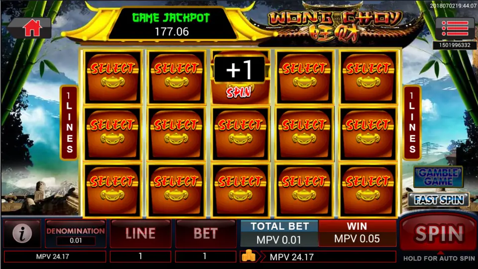 Fifteen treasure boxes on Wong Choy, one opened to show +1 spin