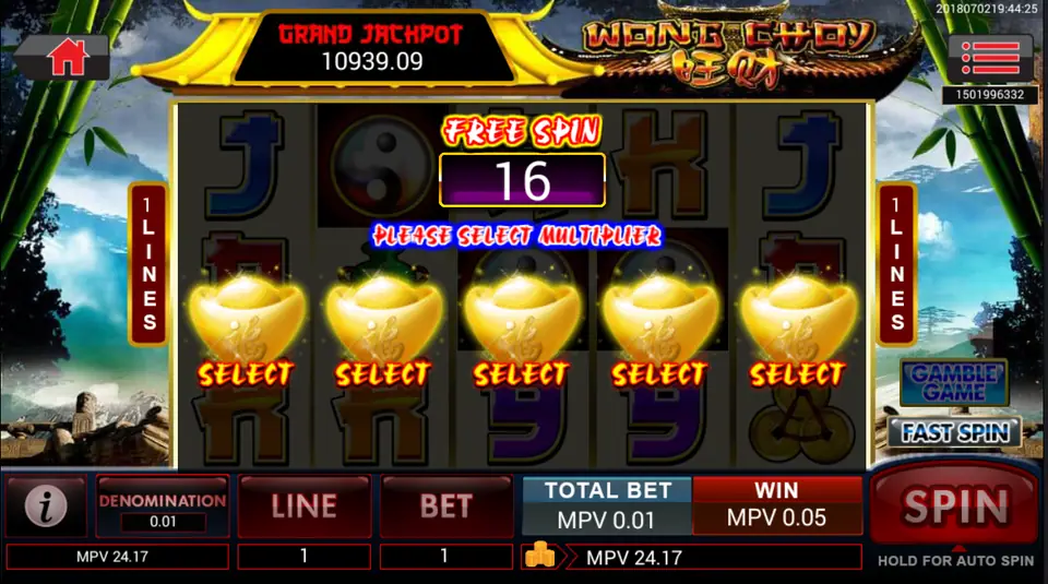 Wong Choy with 16 free spins and five gold nuggets to pick a multiplier