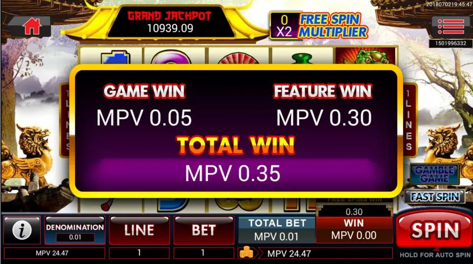 Wong Choy end-of-feature summary: Game Win 0.05, Feature Win 0.30, Total Win 0.35